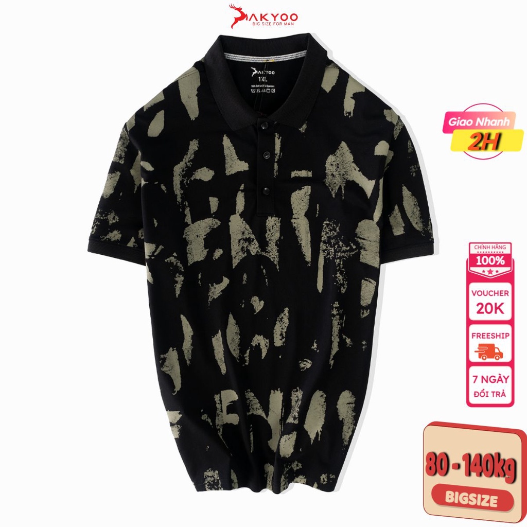 Áo POLO Nam Bigsize 80-140KG AKYOO Cao Cấp Cotton Co Giãn, Thâm Hút Mồ Hôi, Áo Polo Bigsize -PL DEN A1