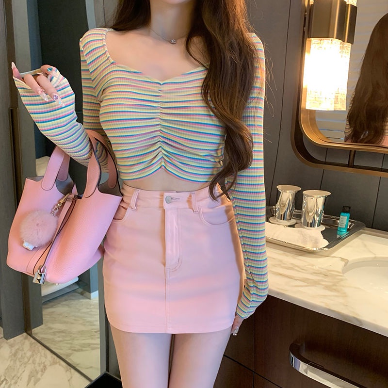 Jiashucheng Chân Váy Denim Dáng Chữ a Lưng Cao Màu Hồng Phong Cách Mới Mùa Hè Dễ Phối Đồ Cho Nữ