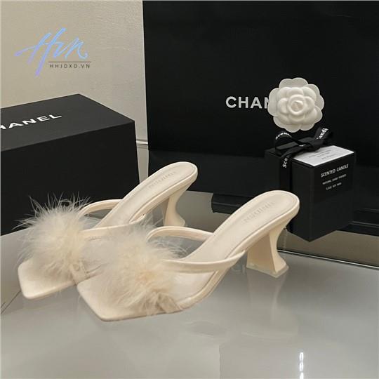 Dép Sandal Cao Gót Quai Ngang Phối Lông Thời Trang Mùa Hè 2023 Cho Nữ