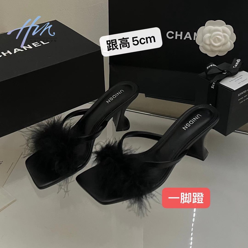Dép Sandal Cao Gót Quai Ngang Phối Lông Thời Trang Mùa Hè 2023 Cho Nữ