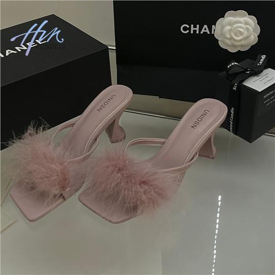 Dép Sandal Cao Gót Quai Ngang Phối Lông Thời Trang Mùa Hè 2023 Cho Nữ