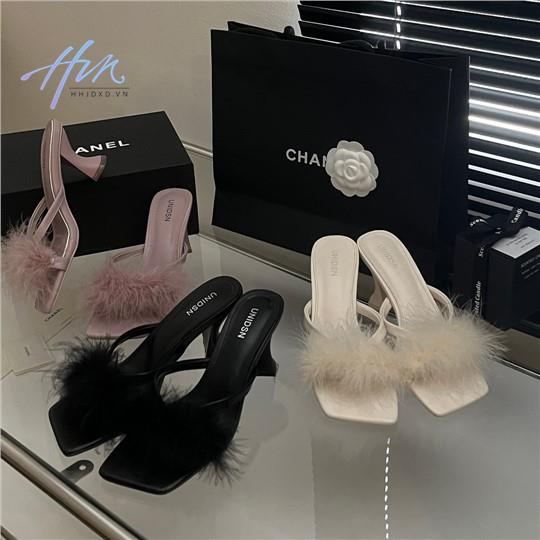 Dép Sandal Cao Gót Quai Ngang Phối Lông Thời Trang Mùa Hè 2023 Cho Nữ