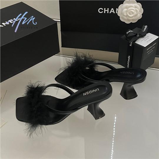 Dép Sandal Cao Gót Quai Ngang Phối Lông Thời Trang Mùa Hè 2023 Cho Nữ