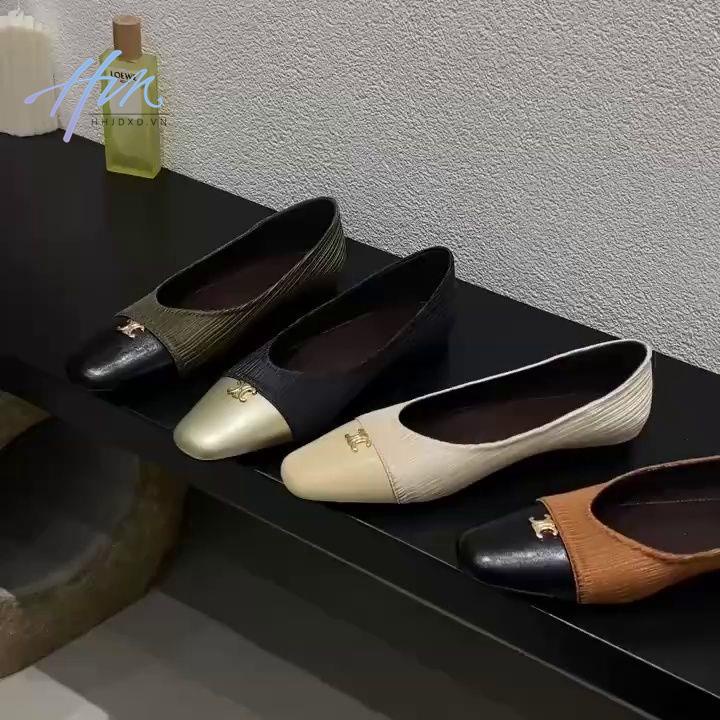 Giày Búp Bê Da Đế Bằng Miệng Nông Đính Kim Loại Kiểu Retro Hàn Quốc Thời Trang Xuân Thu 2023