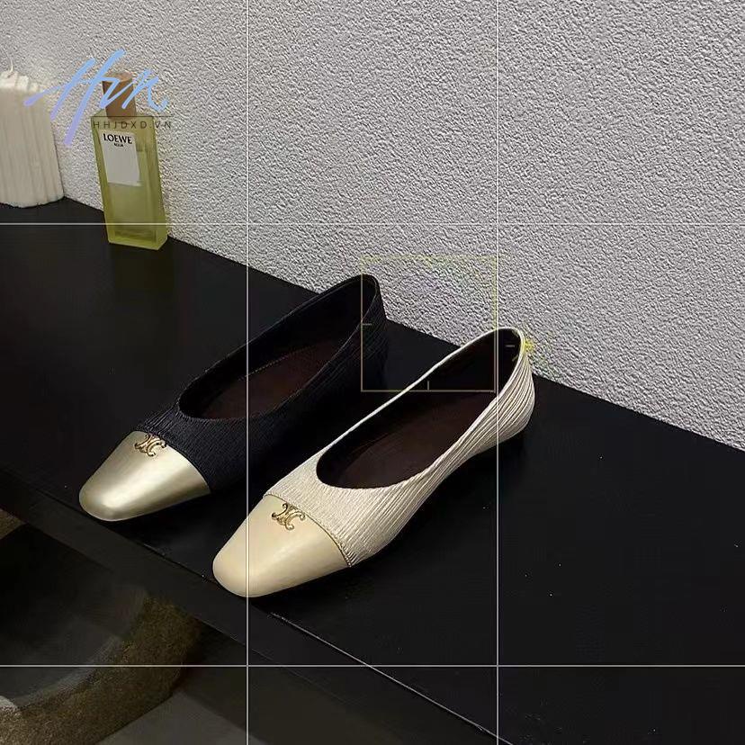 Giày Búp Bê Da Đế Bằng Miệng Nông Đính Kim Loại Kiểu Retro Hàn Quốc Thời Trang Xuân Thu 2023