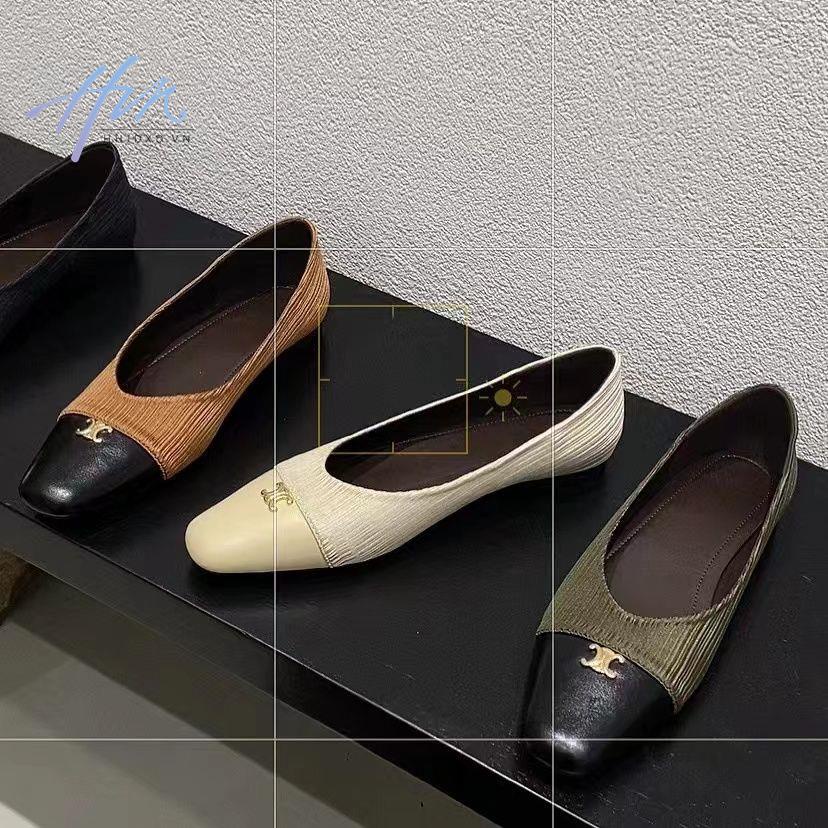 Giày Búp Bê Da Đế Bằng Miệng Nông Đính Kim Loại Kiểu Retro Hàn Quốc Thời Trang Xuân Thu 2023