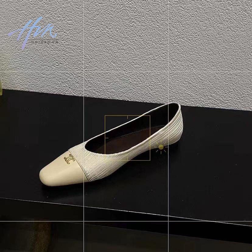 Giày Búp Bê Da Đế Bằng Miệng Nông Đính Kim Loại Kiểu Retro Hàn Quốc Thời Trang Xuân Thu 2023