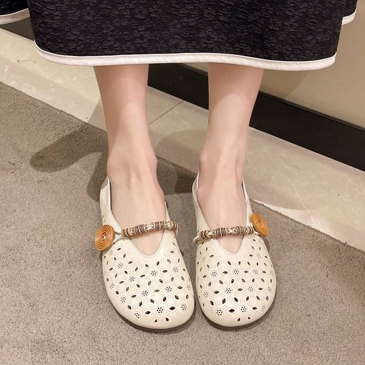 Giày Búp Bê Đế Bằng Phối Lưới Một Hàng Nút Thời Trang Mùa Xuân 2023 Cho Nữ