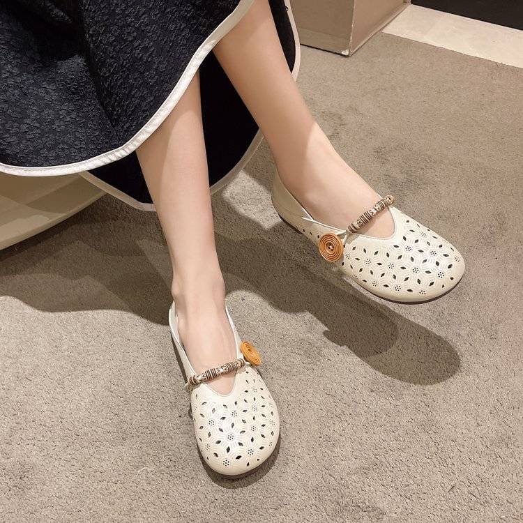 Giày Búp Bê Đế Bằng Phối Lưới Một Hàng Nút Thời Trang Mùa Xuân 2023 Cho Nữ