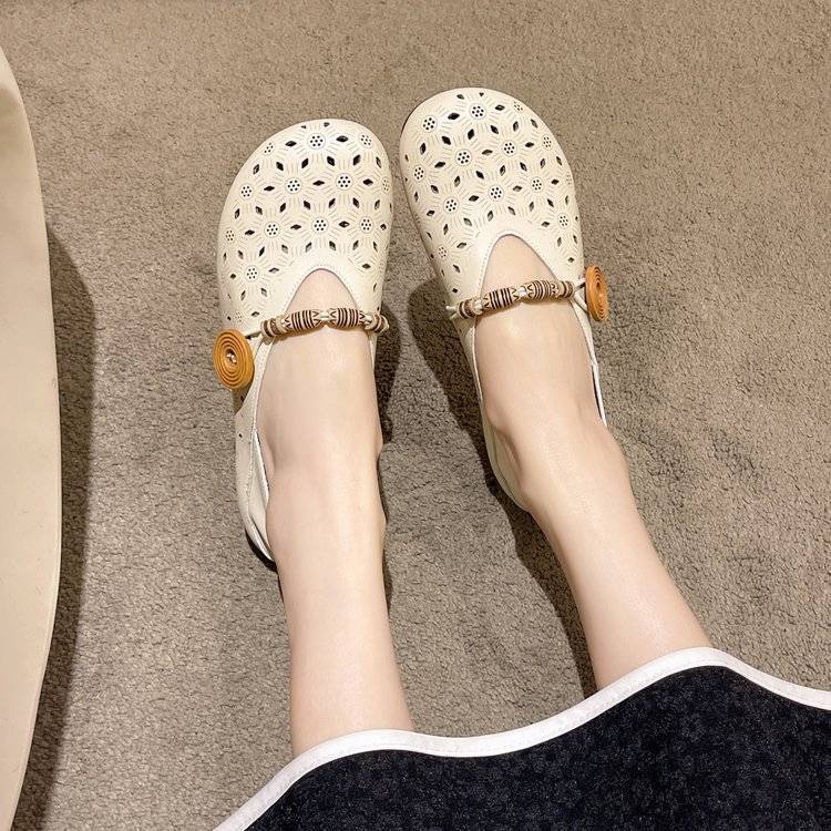 Giày Búp Bê Đế Bằng Phối Lưới Một Hàng Nút Thời Trang Mùa Xuân 2023 Cho Nữ