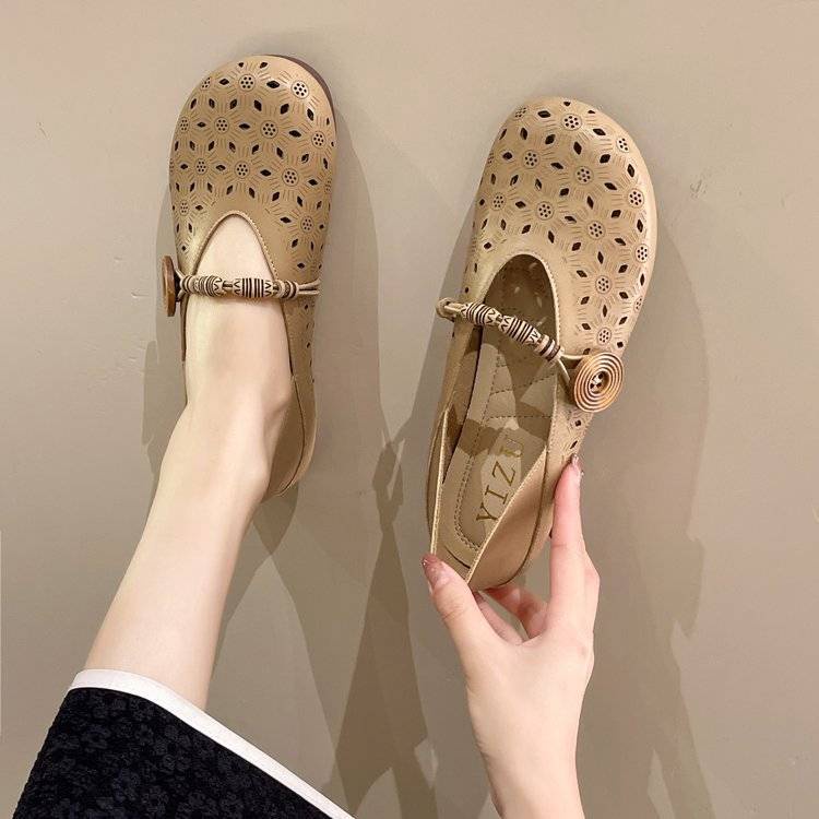 Giày Búp Bê Đế Bằng Phối Lưới Một Hàng Nút Thời Trang Mùa Xuân 2023 Cho Nữ