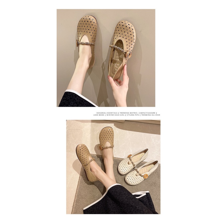 Giày Búp Bê Đế Bằng Phối Lưới Một Hàng Nút Thời Trang Mùa Xuân 2023 Cho Nữ