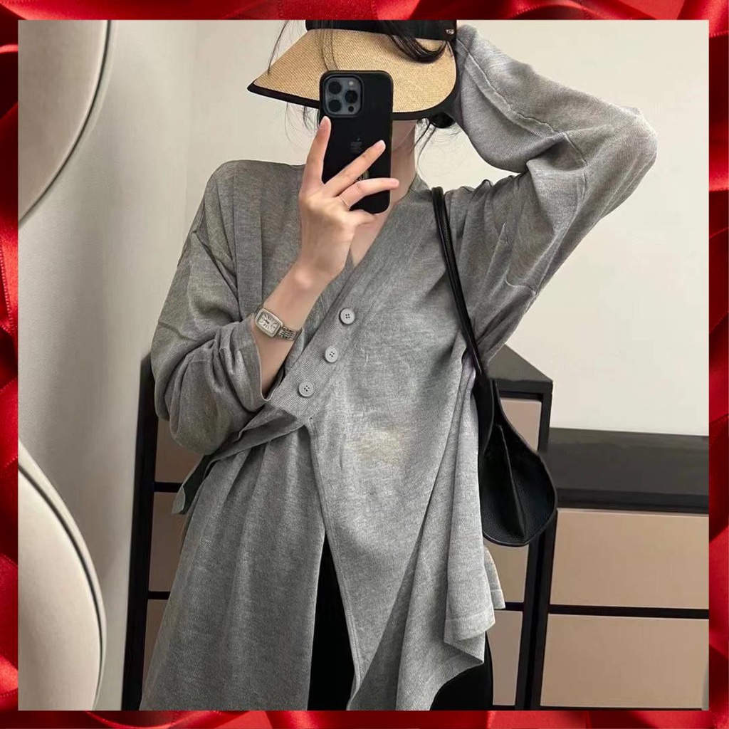 Áo Khoác Cardigan Mỏng Tay Dài Cổ Chữ V Cài Nút Chéo Phong Cách Hàn Quốc Thời Trang Mùa Hè 2022