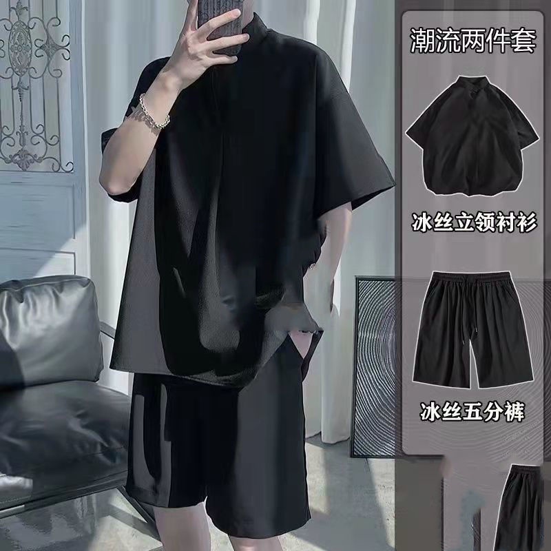 Bộ vest nam bằng lụa băng mùa hè Áo sơ mi nam có cổ rộng phong cách Hàn Quốc Sinh viên Bộ hai mảnh năm điểm màu