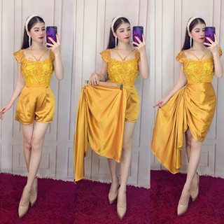 SET ĐẦM XẾP LY TÙNG XÉO ĐÍNH HOA PHA LÊ(hình thật)