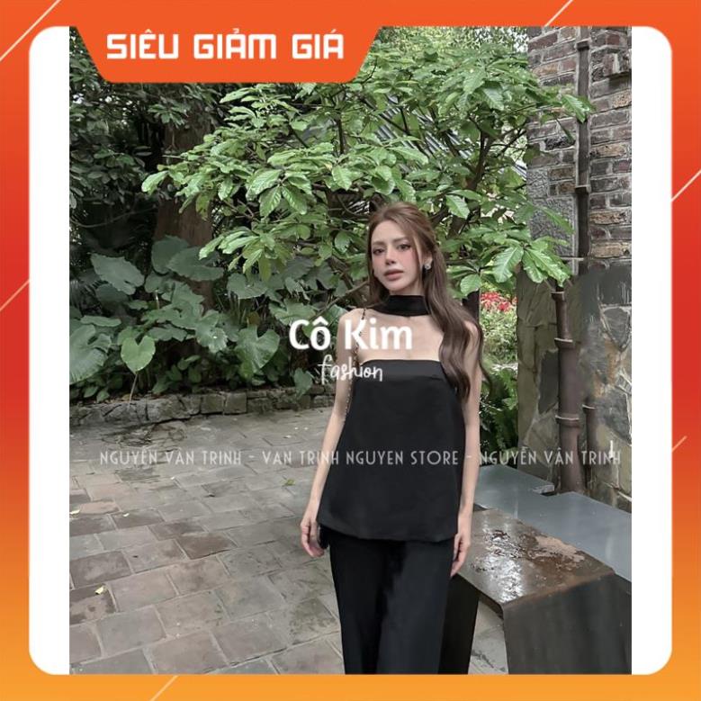 Set bộ nữ gồm áo cúp ngực vạt chéo cổ mix quần xuông dài Hot 2023 1804