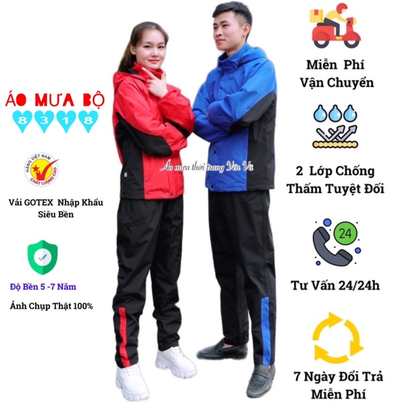 Áo mưa bộ 2 lớp chống thấm 100% túi quần có khóa, áo mưa bộ người lớn cho Nam Nữ đi tour phượt 35-63kg