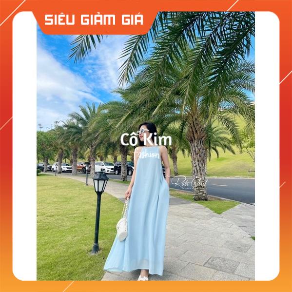 Váy maxi cổ yếm hở lưng form xoè rộng bầu bì mặc đều được Hot 2023 1804