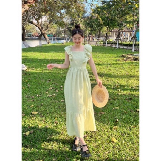 Đầm cho bé gái Set váy đôi mẹ và bé dáng maxi cánh tiên màu xanh cốm dễ thương