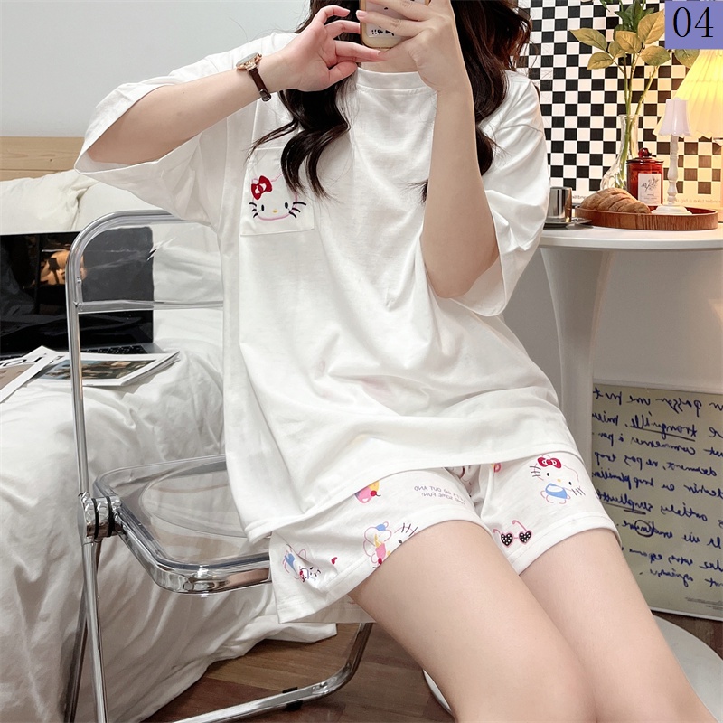 Bộ Đồ Ngủ Tay Ngắn Chất Cotton Mỏng Nhẹ In Họa Tiết Mèo Hello Kitty Thời Trang Mùa Hè 2023 Cho Nữ