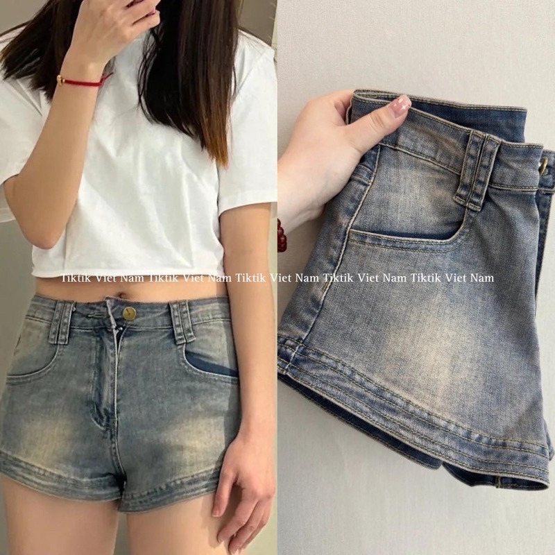 Quần short jean nữ ngắn dáng ôm lưng cao màu xanh loang phong cách y2k