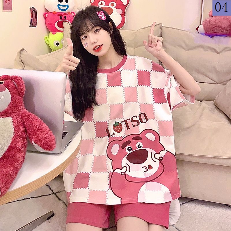 Bộ Đồ Ngủ Tay Ngắn Dáng Rộng In Hoạt Hình Gấu Dâu Tây Thời Trang Mùa Hè 2023 Cho Bạn Gái