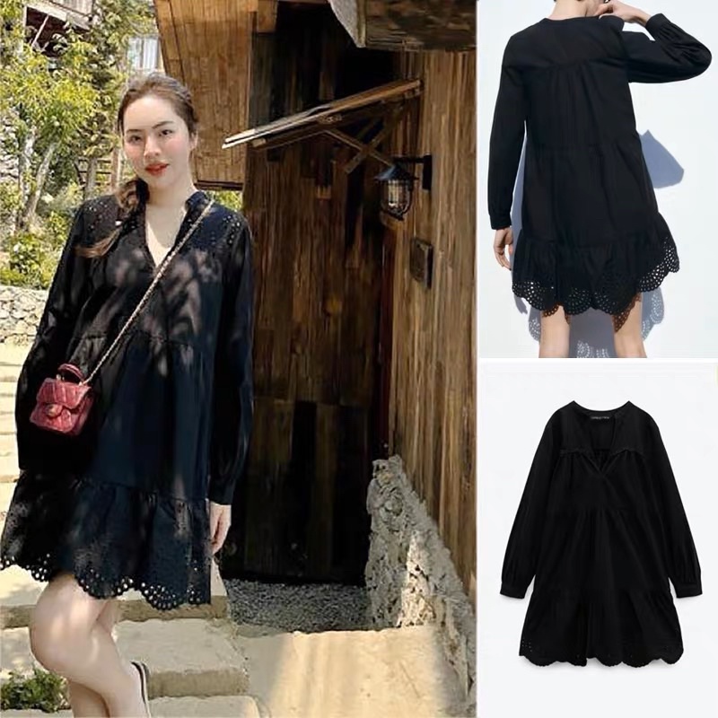 ORDER 🌺 ZR đầm ren dài tay xoè đen - trắng