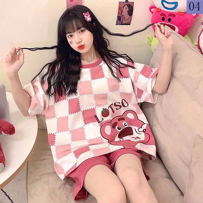 Bộ Đồ Ngủ Tay Ngắn Dáng Rộng In Hoạt Hình Gấu Dâu Tây Thời Trang Mùa Hè 2023 Cho Bạn Gái