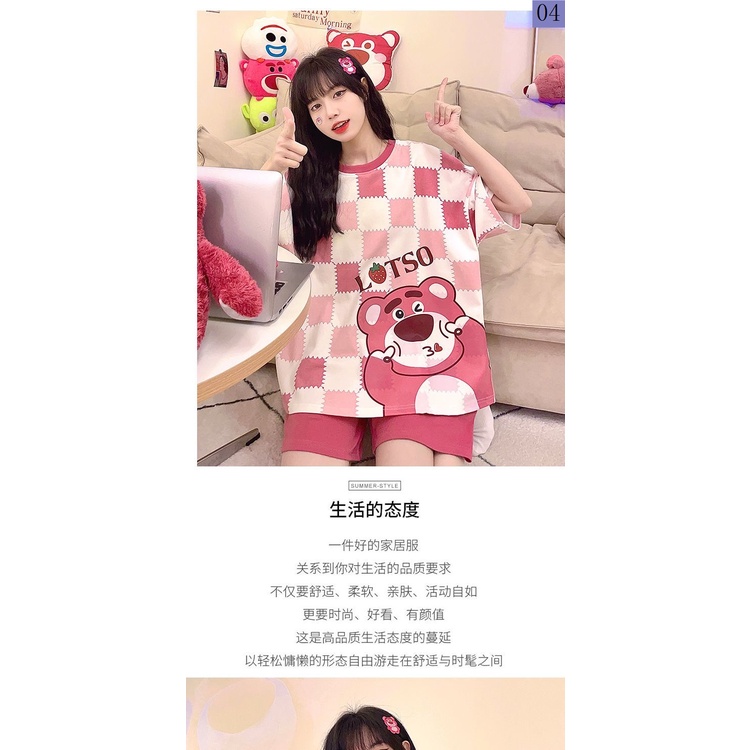 Bộ Đồ Ngủ Tay Ngắn Dáng Rộng In Hoạt Hình Gấu Dâu Tây Thời Trang Mùa Hè 2023 Cho Bạn Gái