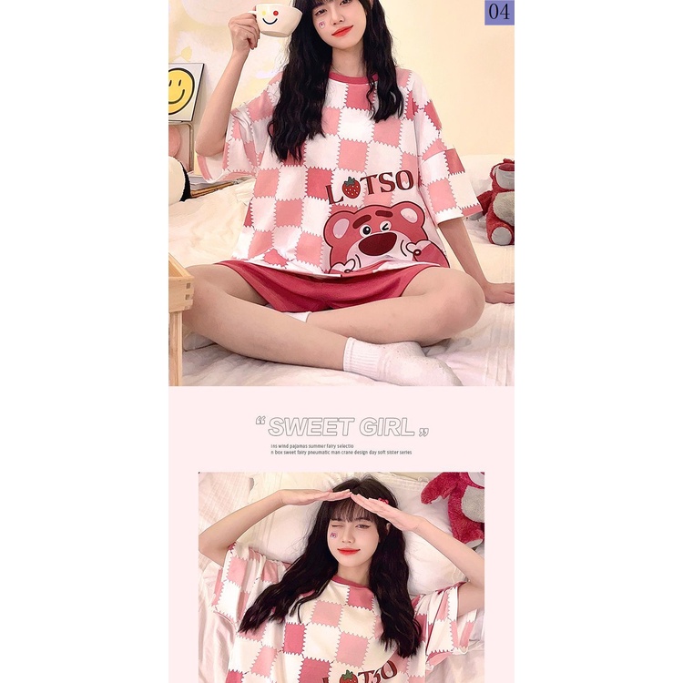 Bộ Đồ Ngủ Tay Ngắn Dáng Rộng In Hoạt Hình Gấu Dâu Tây Thời Trang Mùa Hè 2023 Cho Bạn Gái
