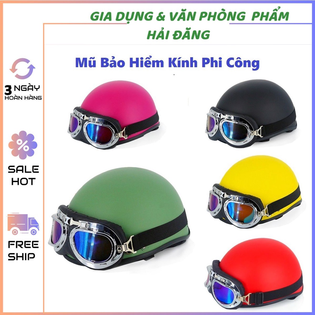 Mũ bảo hiểm nửa đầu 1/2 màu trơn kèm kính phi công, xốp ép nhiệt - Nhiều màu sắc lựa chọn