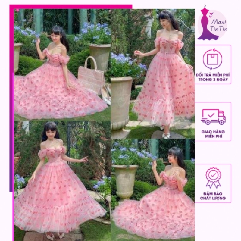 Maxi đi biển voan lưới trễ vai họa tiết trái tim hồng phong cách tiểu thư công chúa nàng thơ dễ thương