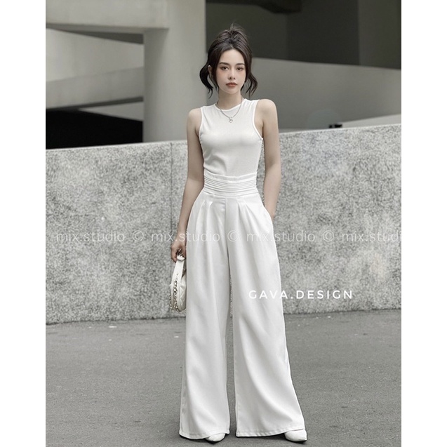 Quần xuông dáng rộng cạp sóng gava