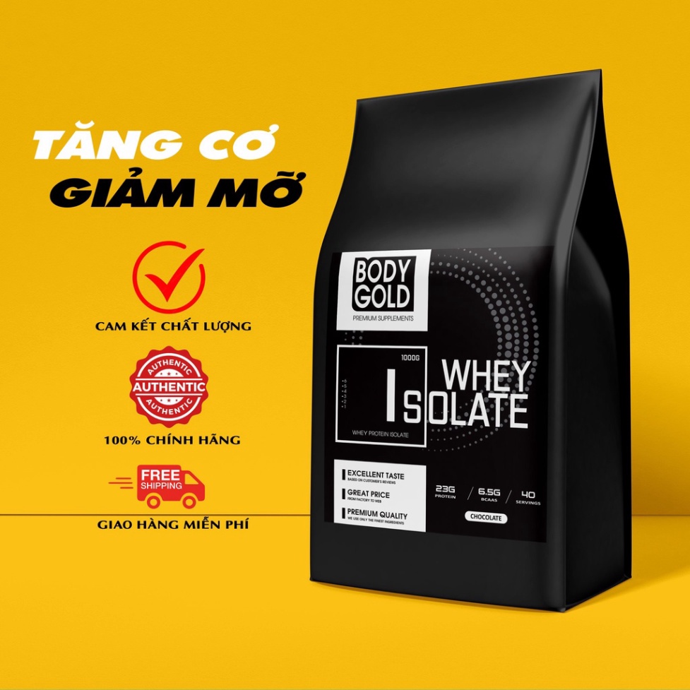 Sữa Tăng Cơ - Giảm Mỡ - Whey Protein Isolate BodyGold túi 1kg + Tặng bình lắc Shaker 700ml