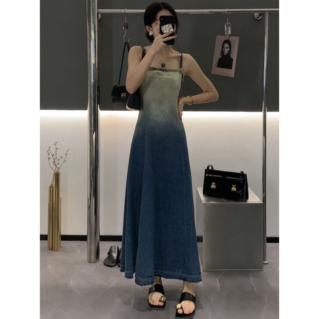 Đầm Denim Hai Dây Màu Sắc Gradient Phong Cách Pháp Cao Cấp Cho Nữ
