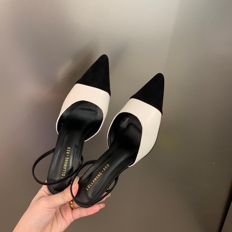 Cao gót búp bê mũi nhọn trắng đen vàng đen