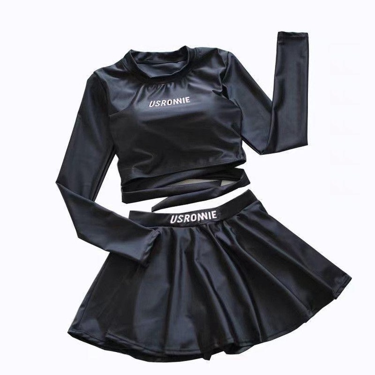 Bikini đi biển 2 mảnh kín đáo - Đồ bơi nữ tay dài váy xòe - Áo bơi croptop đen trơn có size