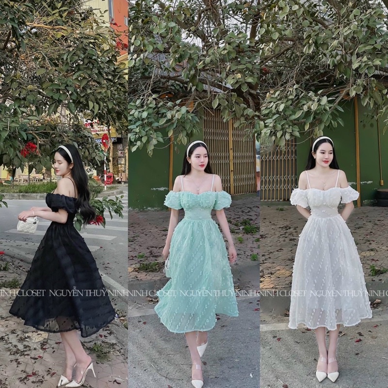 Đầm xoè dự tiệc trễ vai chất xô bông hột siêu xinh