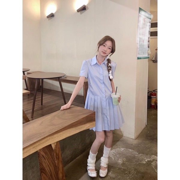 Đầm thô cổ sơ mi đuôi cá xếp ly xanh baby