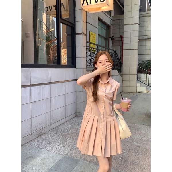 Đầm thô cổ sơ mi đuôi cá xếp ly xanh baby