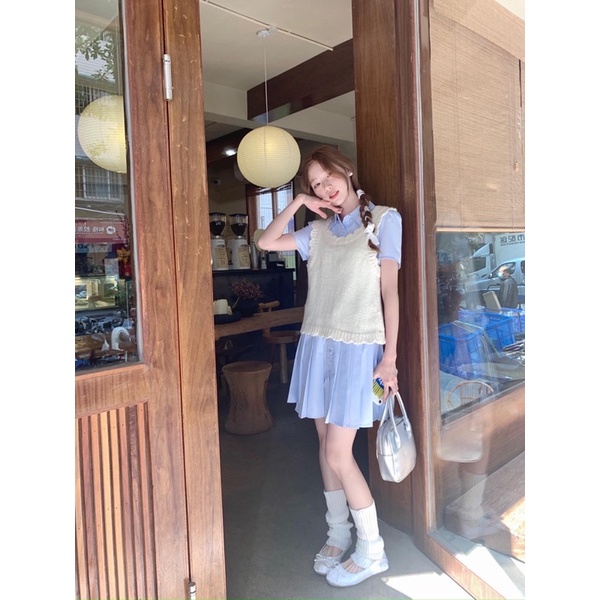 Đầm thô cổ sơ mi đuôi cá xếp ly xanh baby