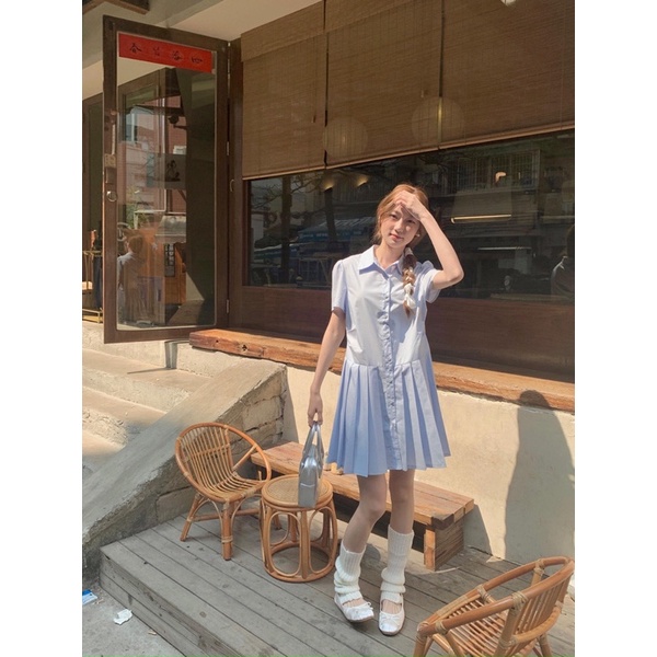 Đầm thô cổ sơ mi đuôi cá xếp ly xanh baby
