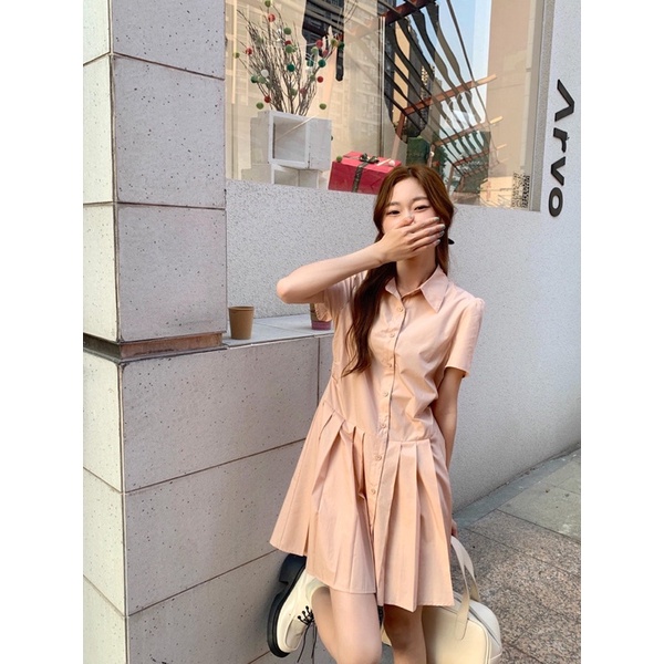 Đầm thô cổ sơ mi đuôi cá xếp ly xanh baby