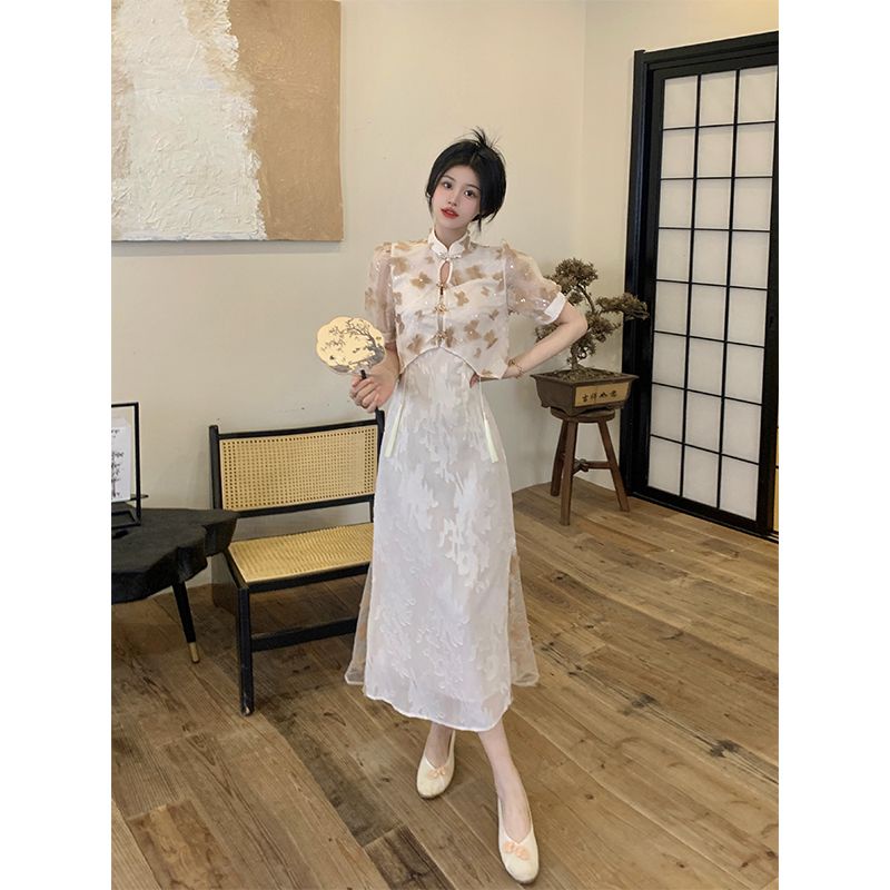Đầm Hoa Tay Ngắn Cổ Đứng Phong Cách Trung Quốc Thời Trang 2023 Cho Nữ 4.19
