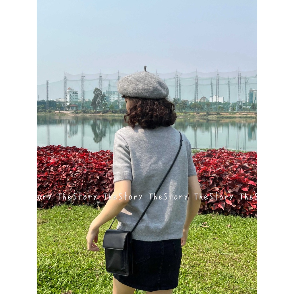 Áo len bông hoa tay ngắn màu xám  A3031