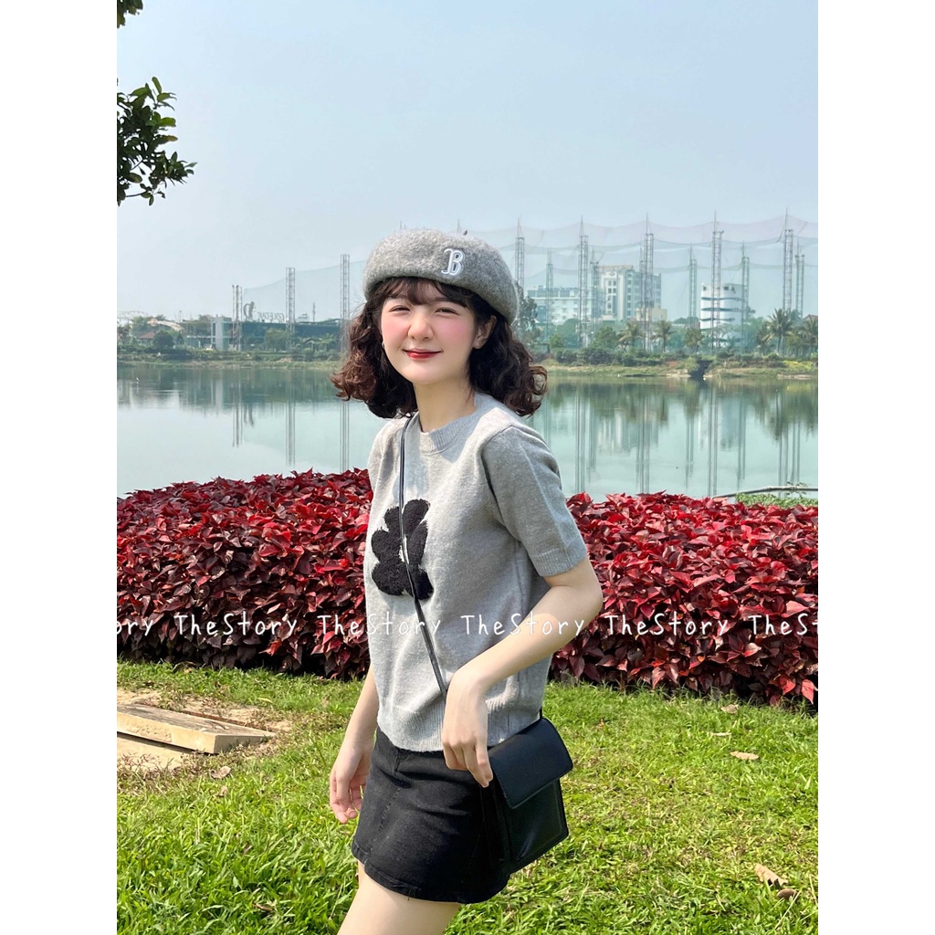 Áo len bông hoa tay ngắn màu xám  A3031