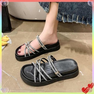 Dép lê đế dày đính đá thời trang đi bên ngoài