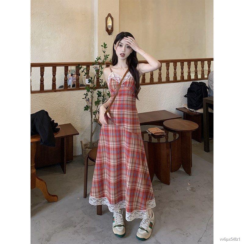 💗Váy treo kẻ sọc ren Váy chữ A dài vừa phải của Pháp