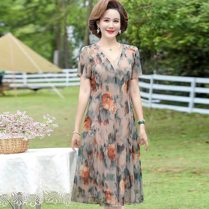 Đầm Hoa Tay Ngắn Thời Trang Mùa Hè Mới 2023 Dành Cho Nữ Độ Tuổi Trung Niên 40-50 Tuổi
