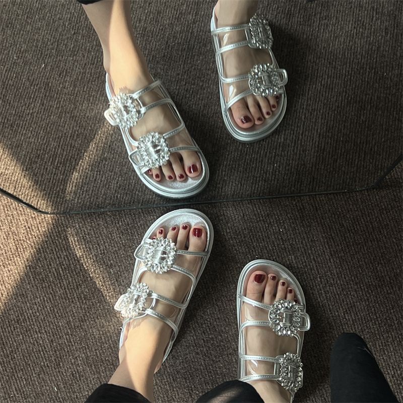 Dép Sandal Đế Dày Quai Ngang Đính Đá Thời Trang Dành Cho Nữ
